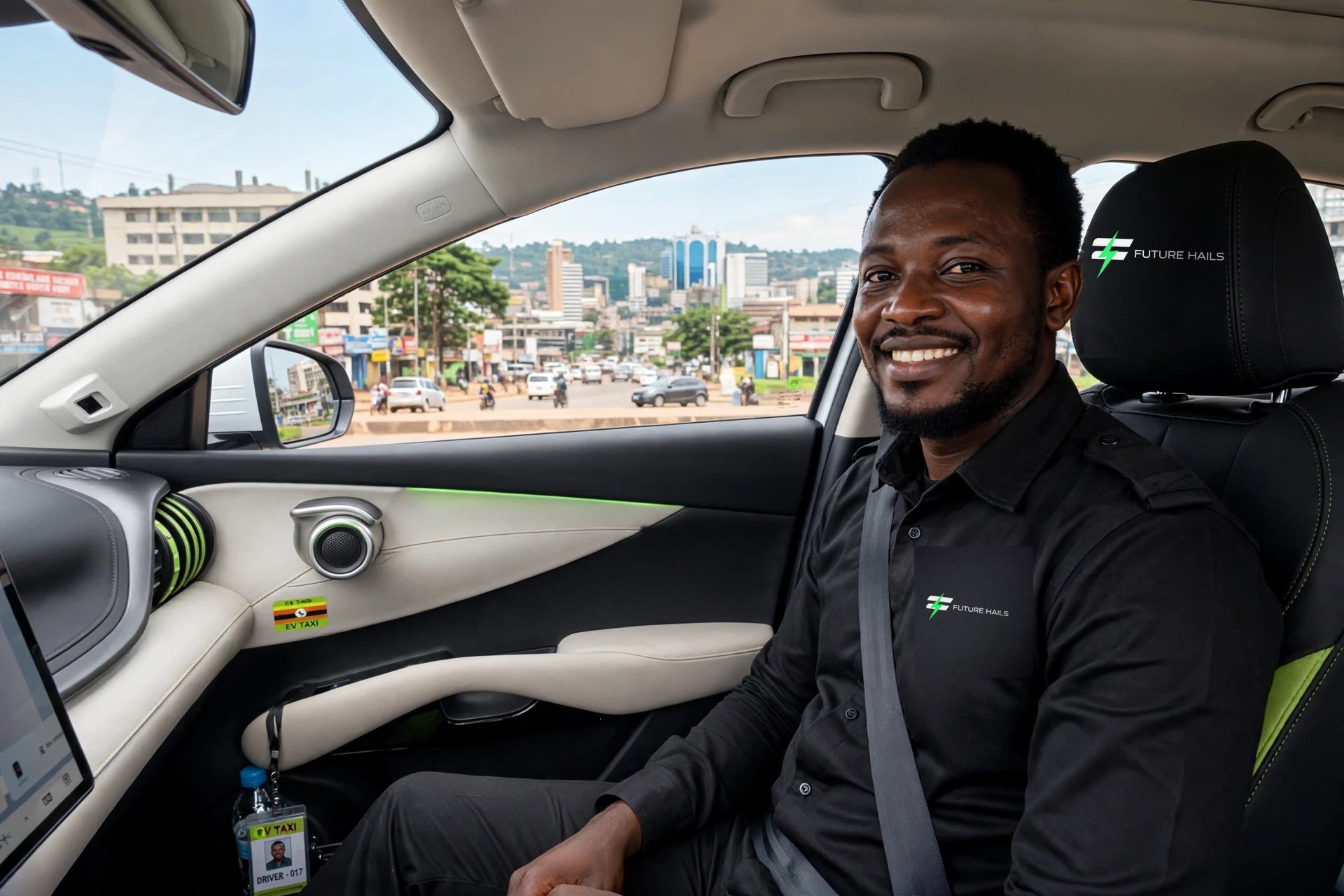 A Future Hails driver at the wheel of a company electric car in Kampala, in branded uniform with an identity badge