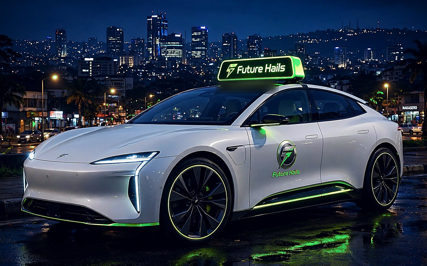 A Future Hails car at night in Kampala, roof sign lit and lime trim glowing