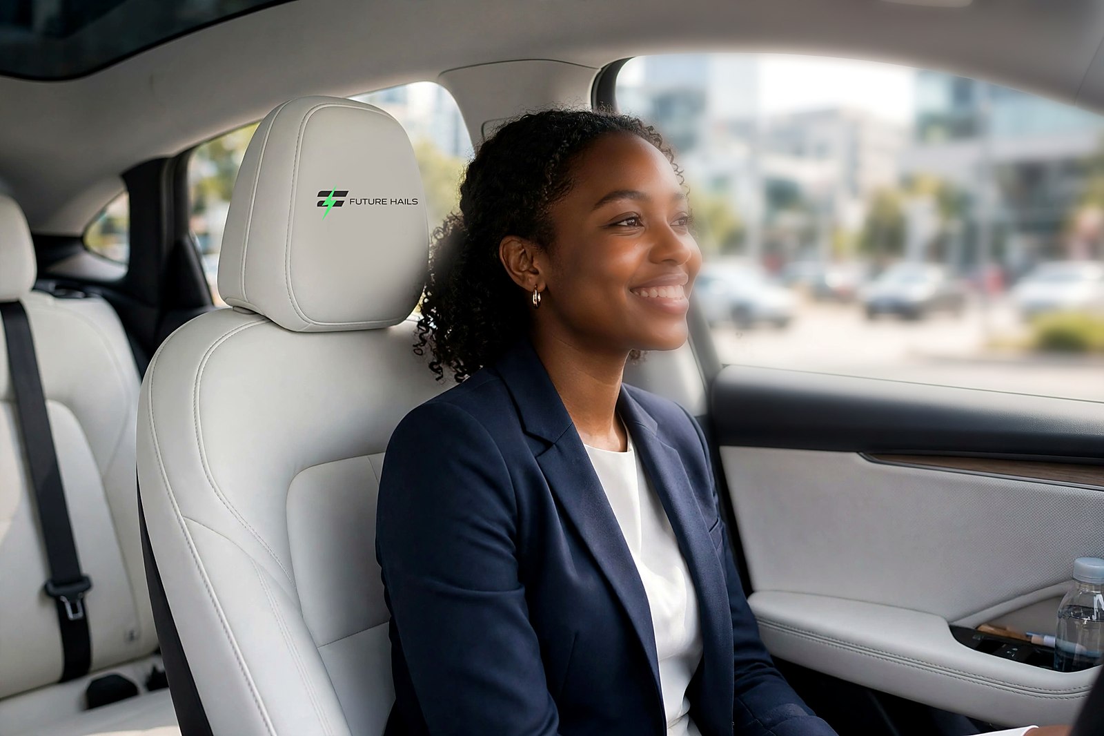 A passenger in the back of a Future Hails car, the badge on the headrest in front of her
