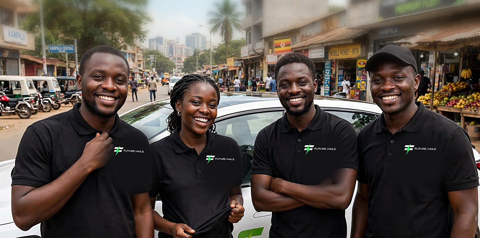 Four Future Hails drivers in branded polo shirts beside a company car in Kampala